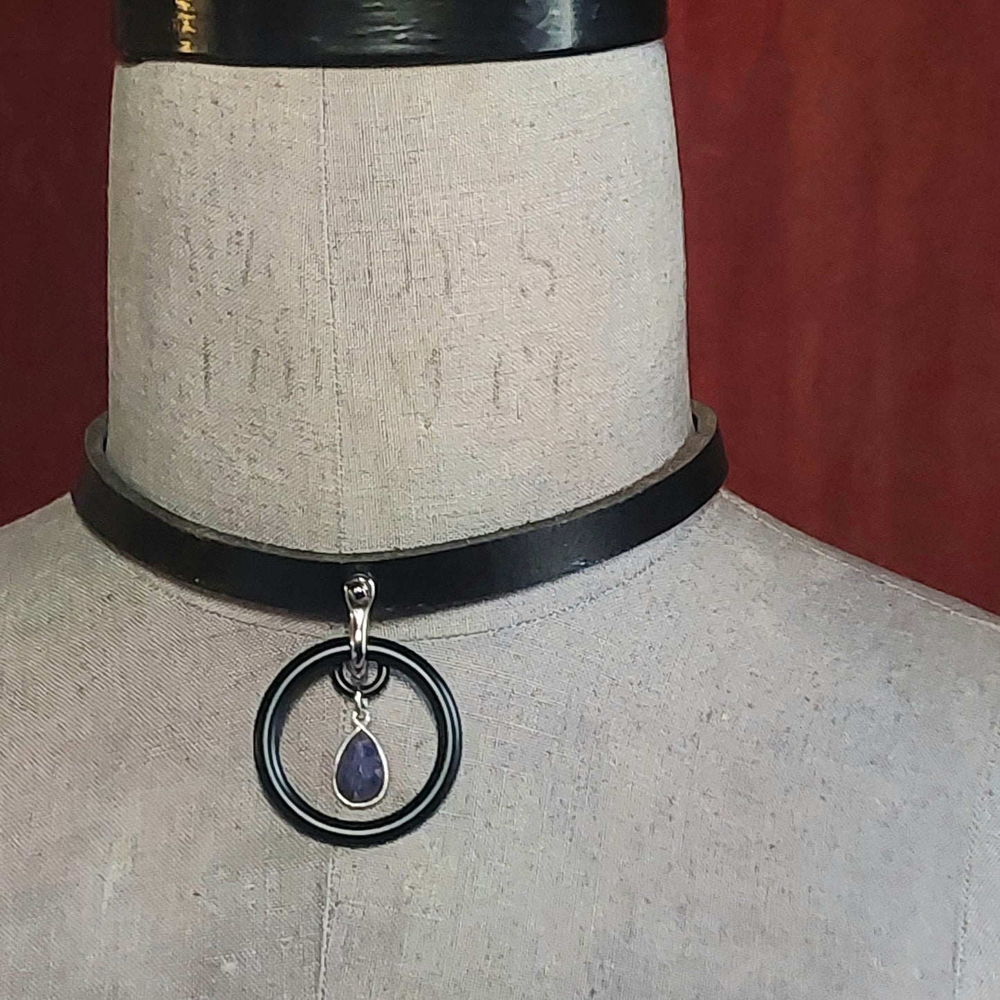 Eva Opal and Black O-ring Leather Day Collar. Handmade. Gemstone, Minimalist, Gothic style. Gift for her.