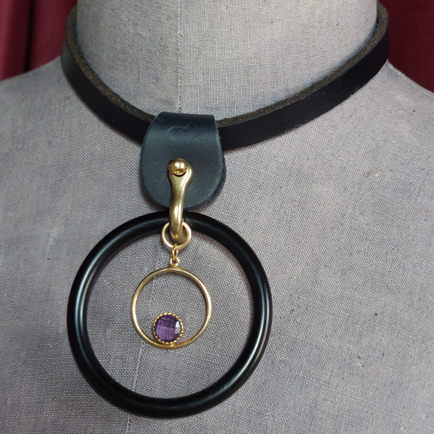 Athena Black Leather, Black Steel, & Gold ring with Amethyst Stone Detail. High end Materials. Handmade.