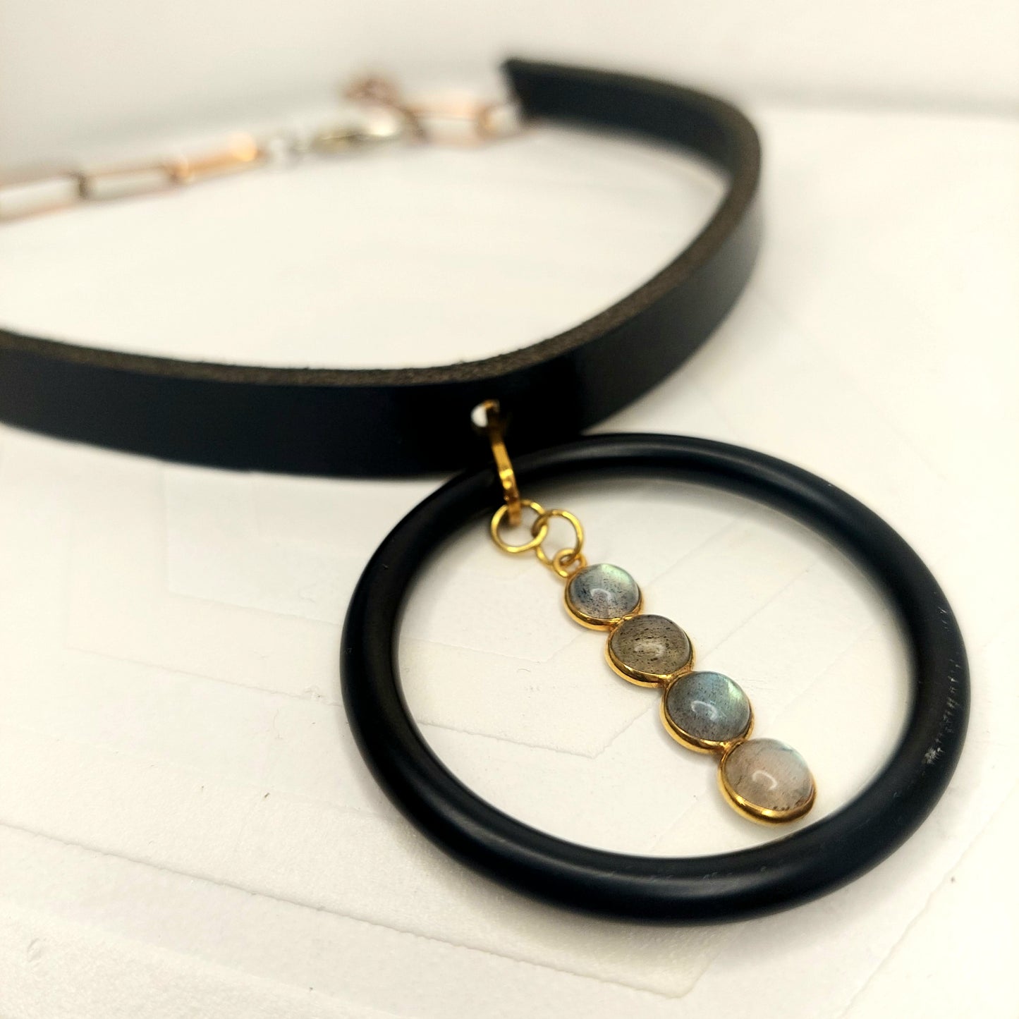 Luna Collar. Black Chic Leather, Moonstone pendant & Black Steel O-ring.