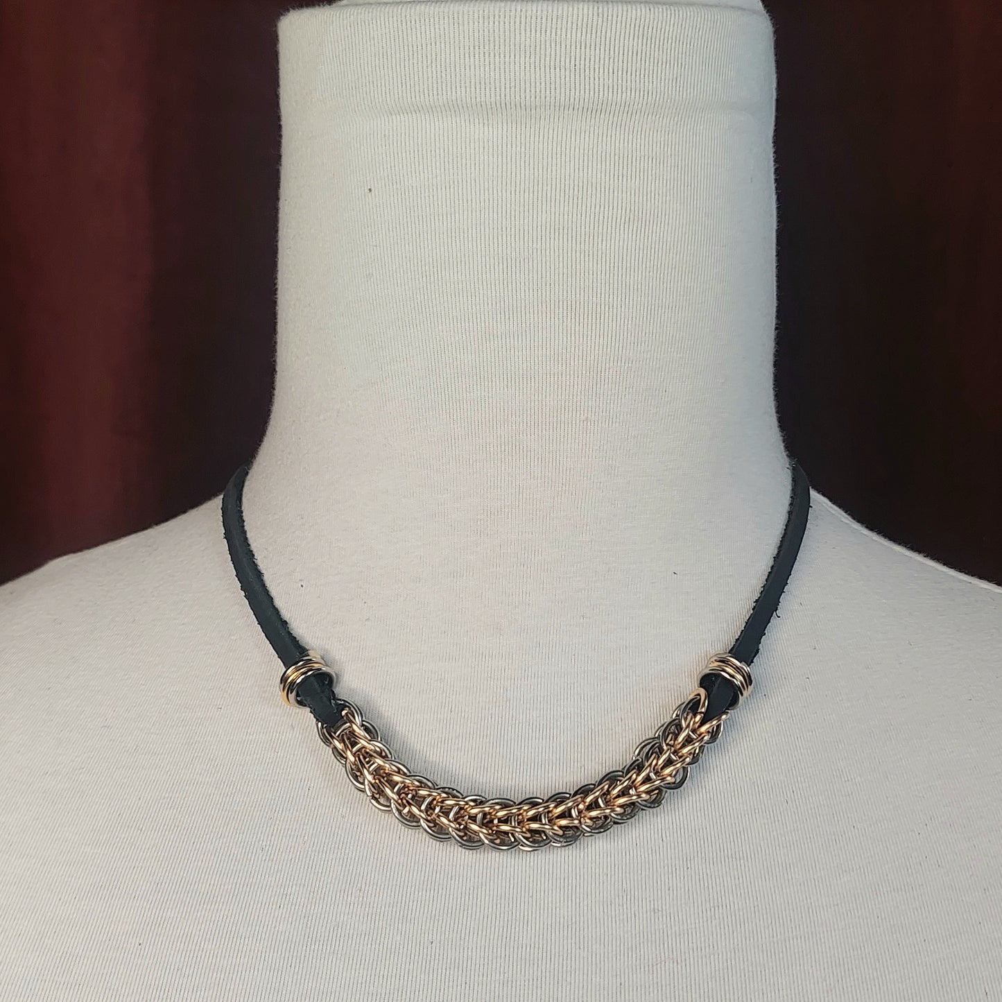Artimetis. Handmade Gold & Silver Chainmail and Black Leather Ribbon.