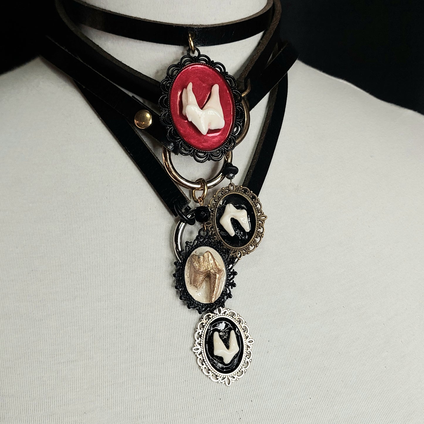 Victorian Canine Cameo necklace. Chic black leather. Handmade.