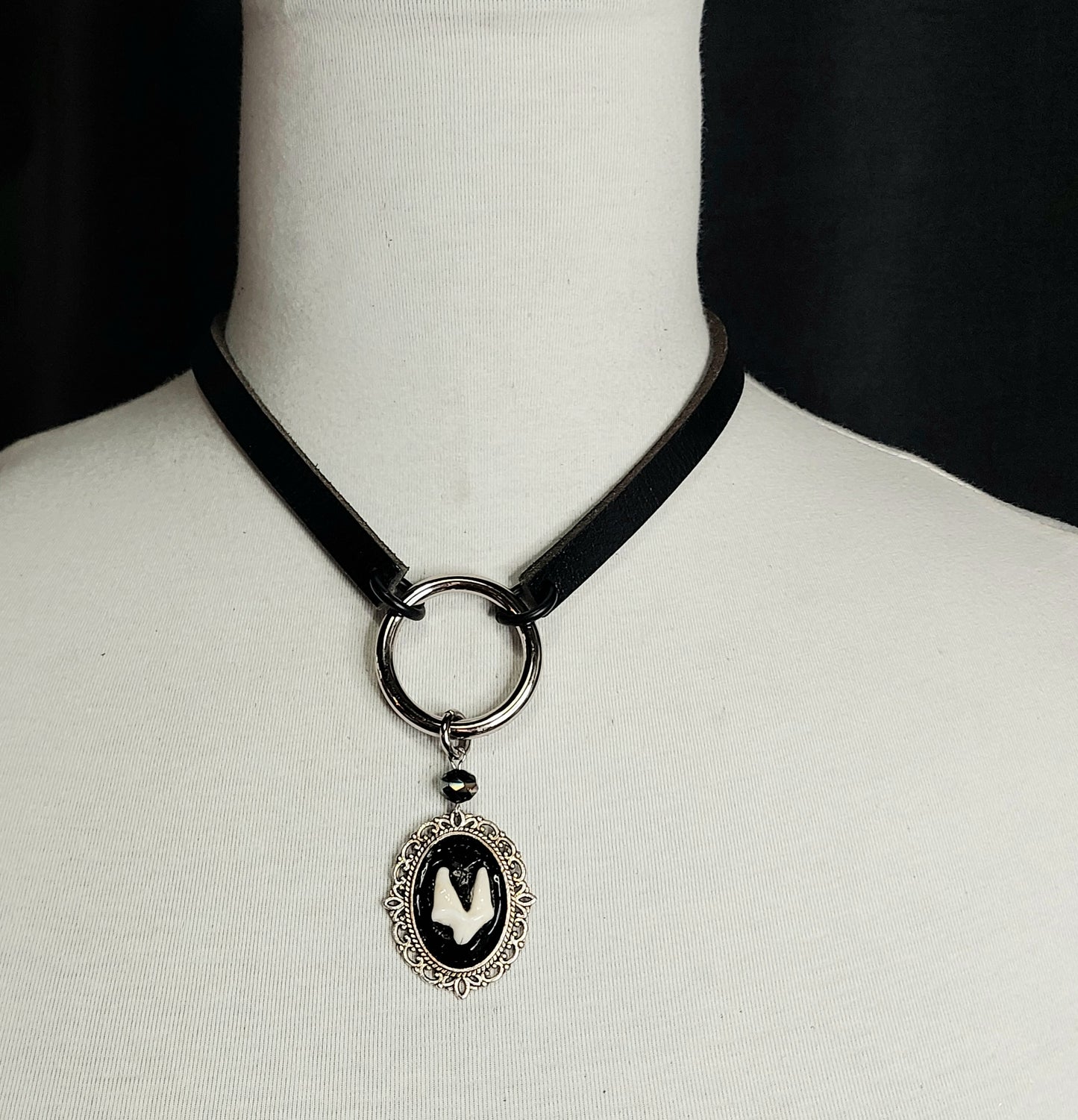 One-of-a-kind, Antique Cameo Tooth & Black Leather Necklace. Handmade. Goth chic.