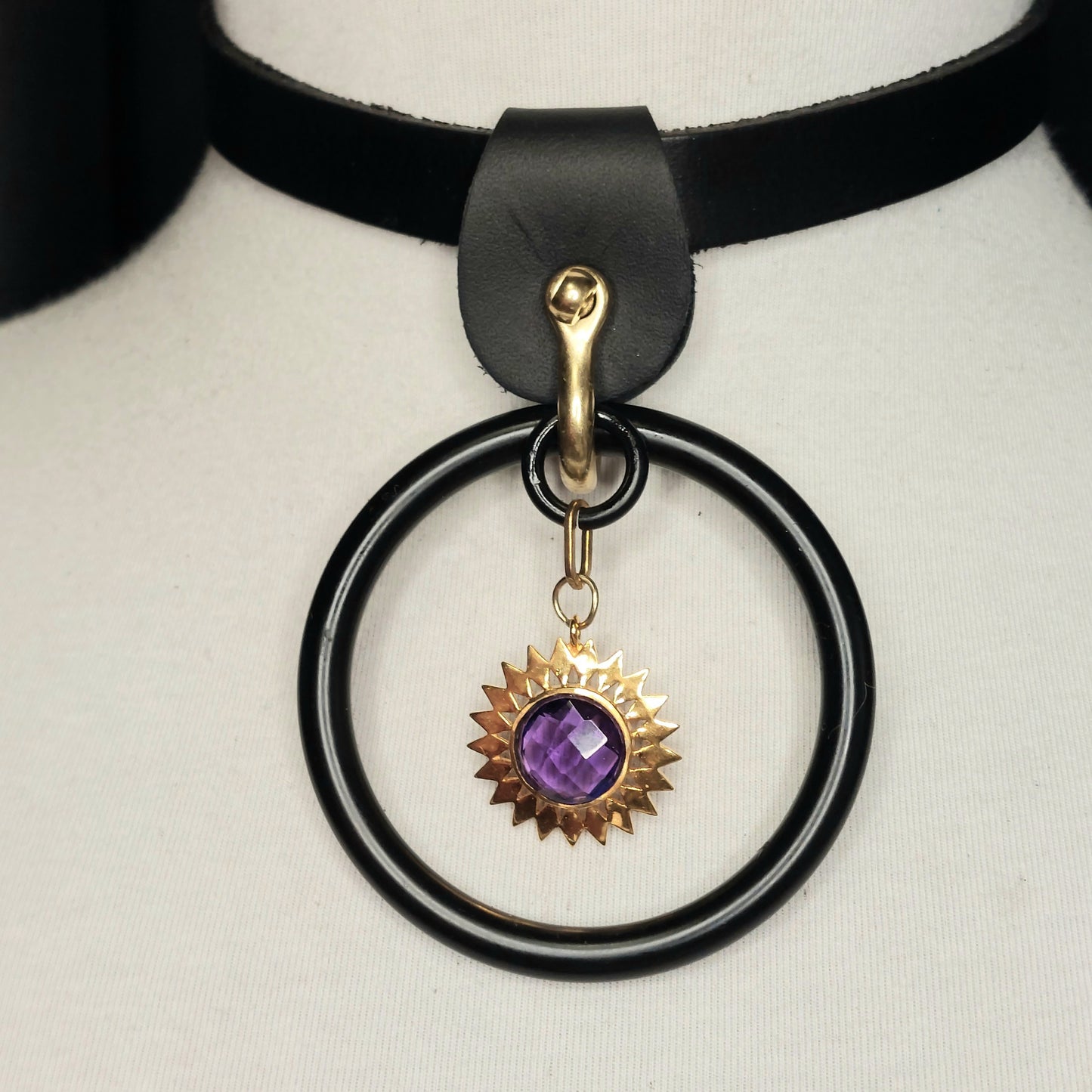 Amethyst Sunburst statement necklace. Black leather, black O-ring. Handmade.