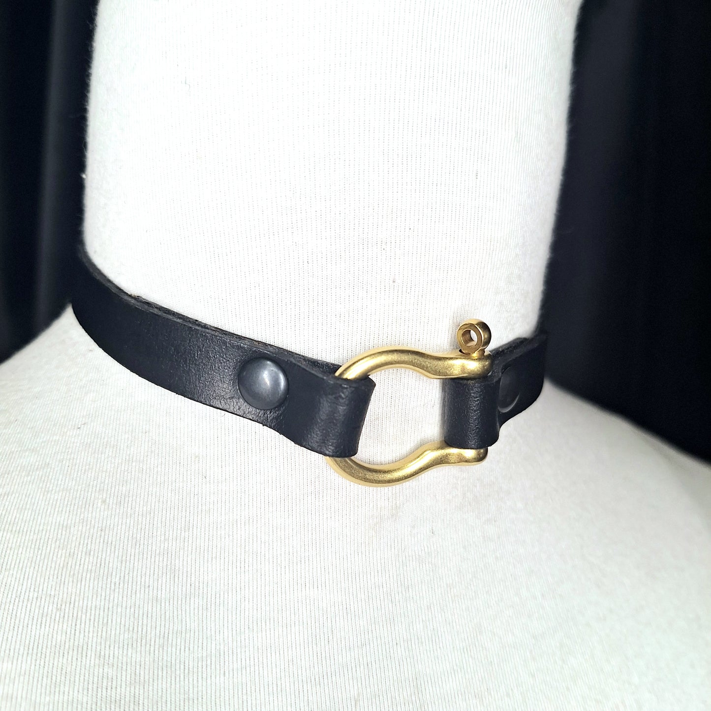Love Shackles leather choker. Handmade. Solid brass shackle pin and buckle closure. Available in black and purple leather.