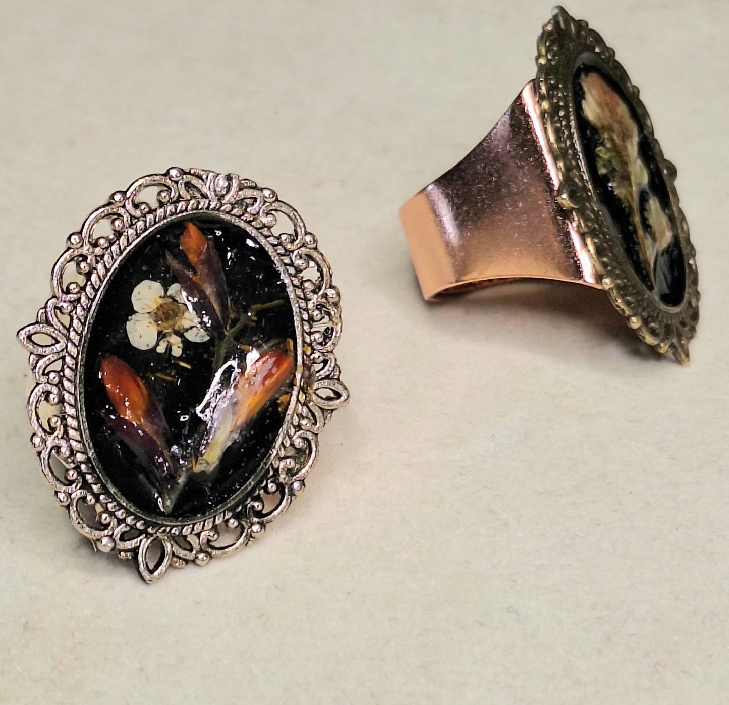Pressed real orange and white flower, silver framed cameo ring. Handmade.