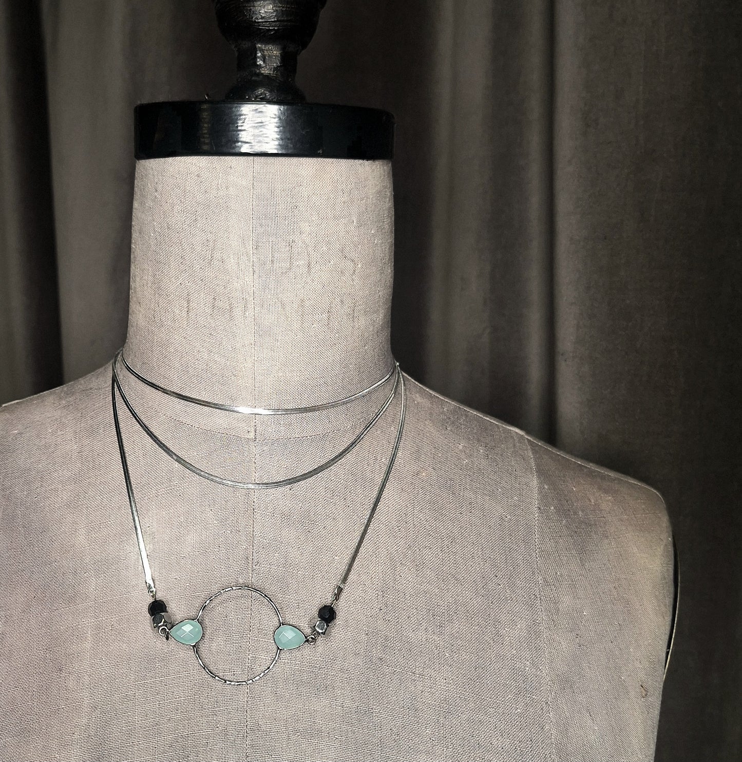 Hammered silver ring layered necklace. Silver chains. Aquamarine Chalcedony stones.