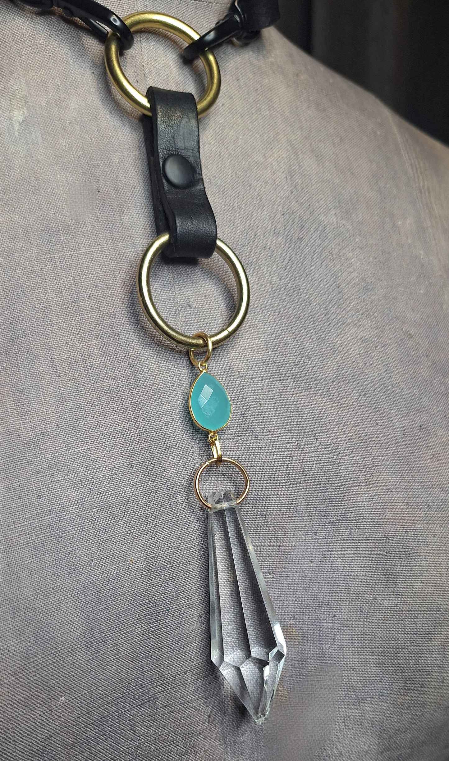 Art Deco meets punk. A glass teardrop, chic leather, and aquamarine stone. Custom sized leather choker with swivel snaps. Made to order size. Mix and Match adornments with the versatile snap function!
