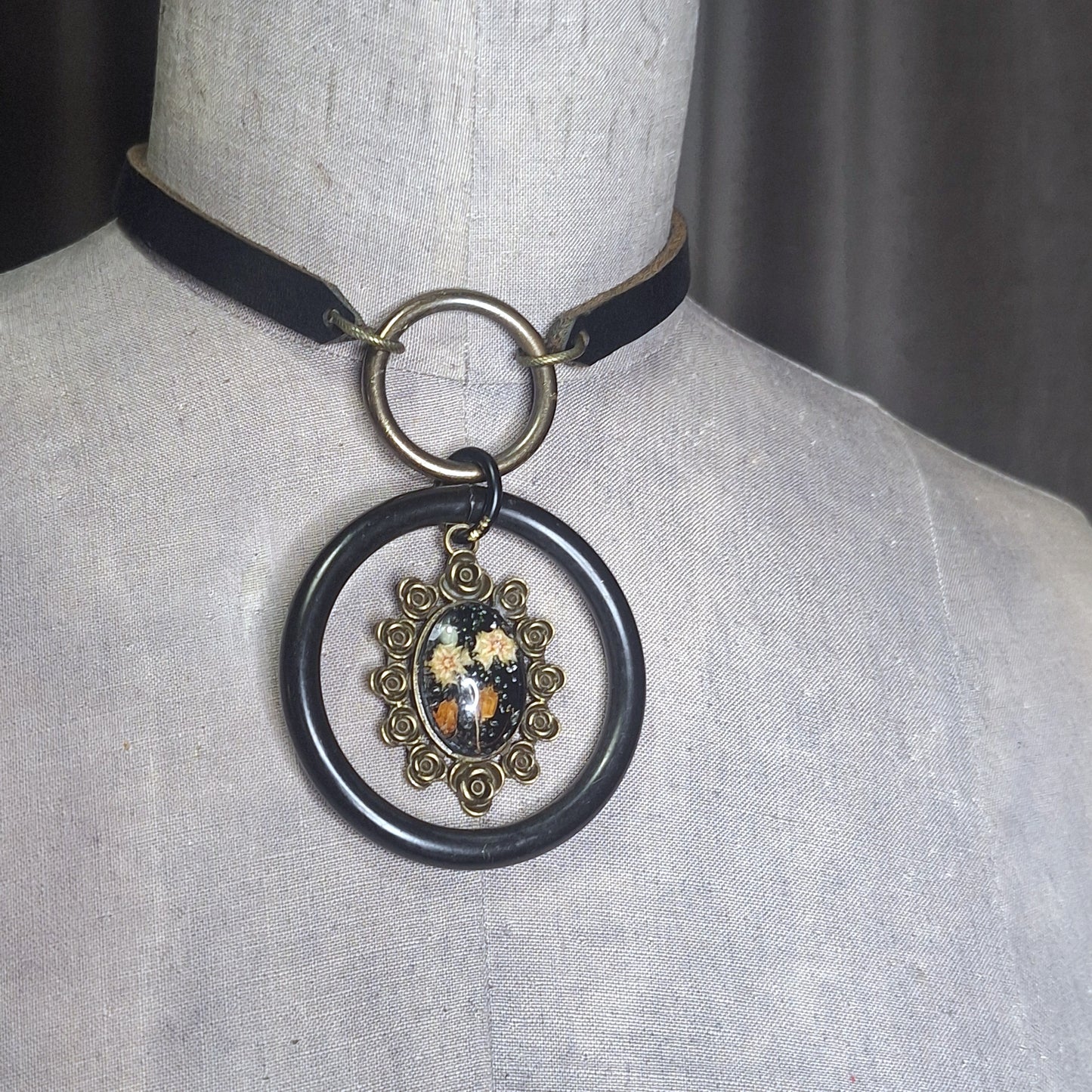 Season of the Witch, Double Oring Choker with Dried Pressed Flowers Adornment Centerpiece.