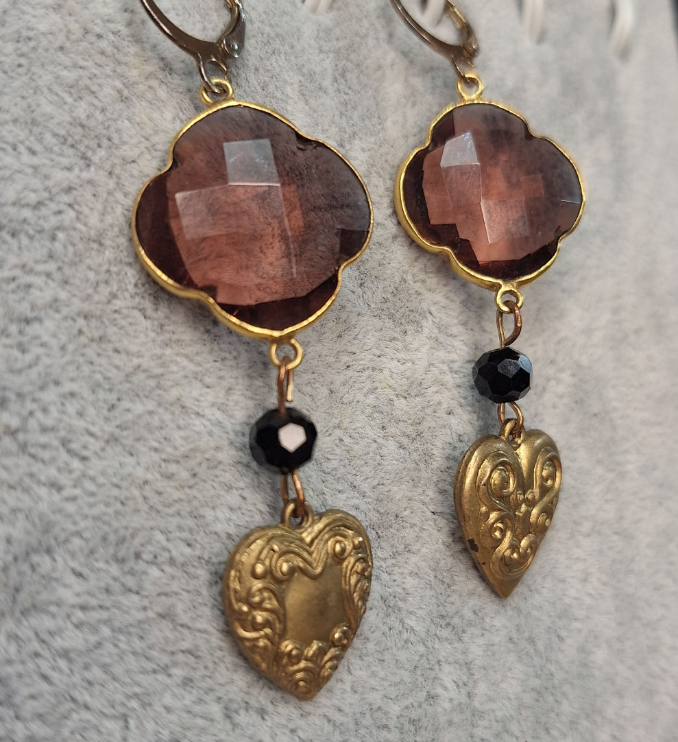 Amethyst Gemstone & Vintage brass heart charm earrings. Handmade. One-of-a-kind.