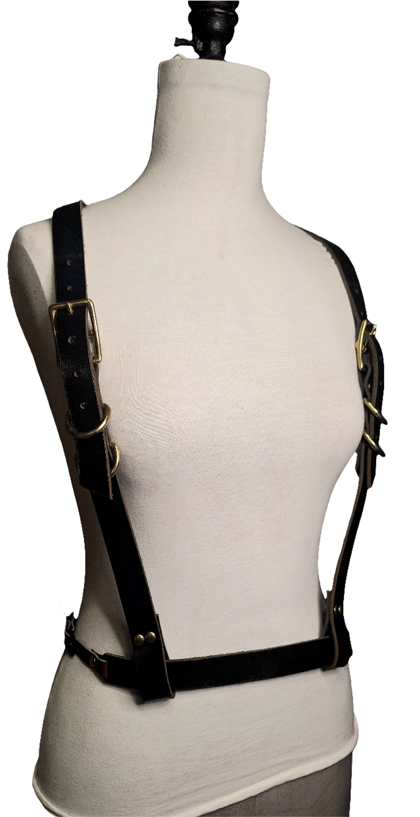 Suspense. Leather Body Harness. Gold hardware. Black leather with plum leather details.