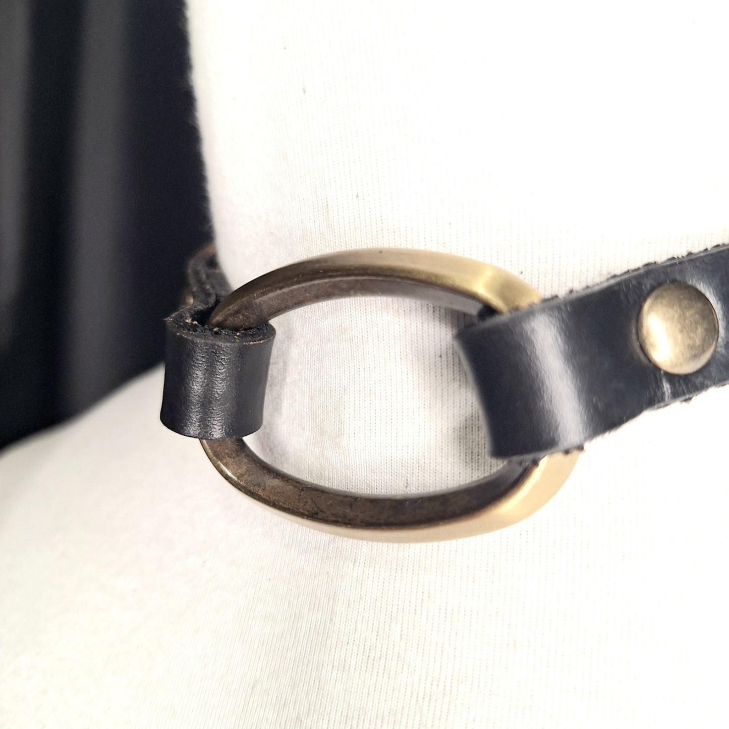 Bevel Up Brass Oval, Black Leather Choker. Handmade.