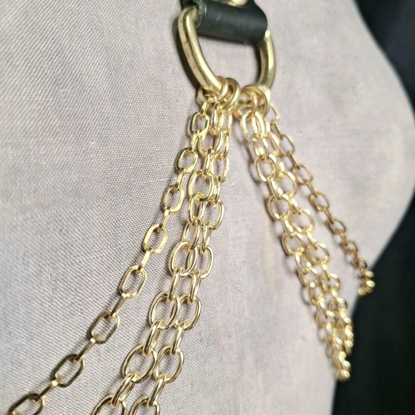 Black & Silver Bodice Harness. Handmade draped chain and black leather body jewelry. Solid brass orings and rivets. Up your edgy vibe over a dress!