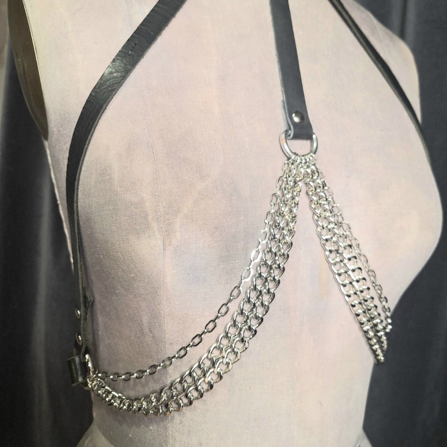 Black Leather & Gold Draped Chain Bodice Harness. Handmade. Made to Order.