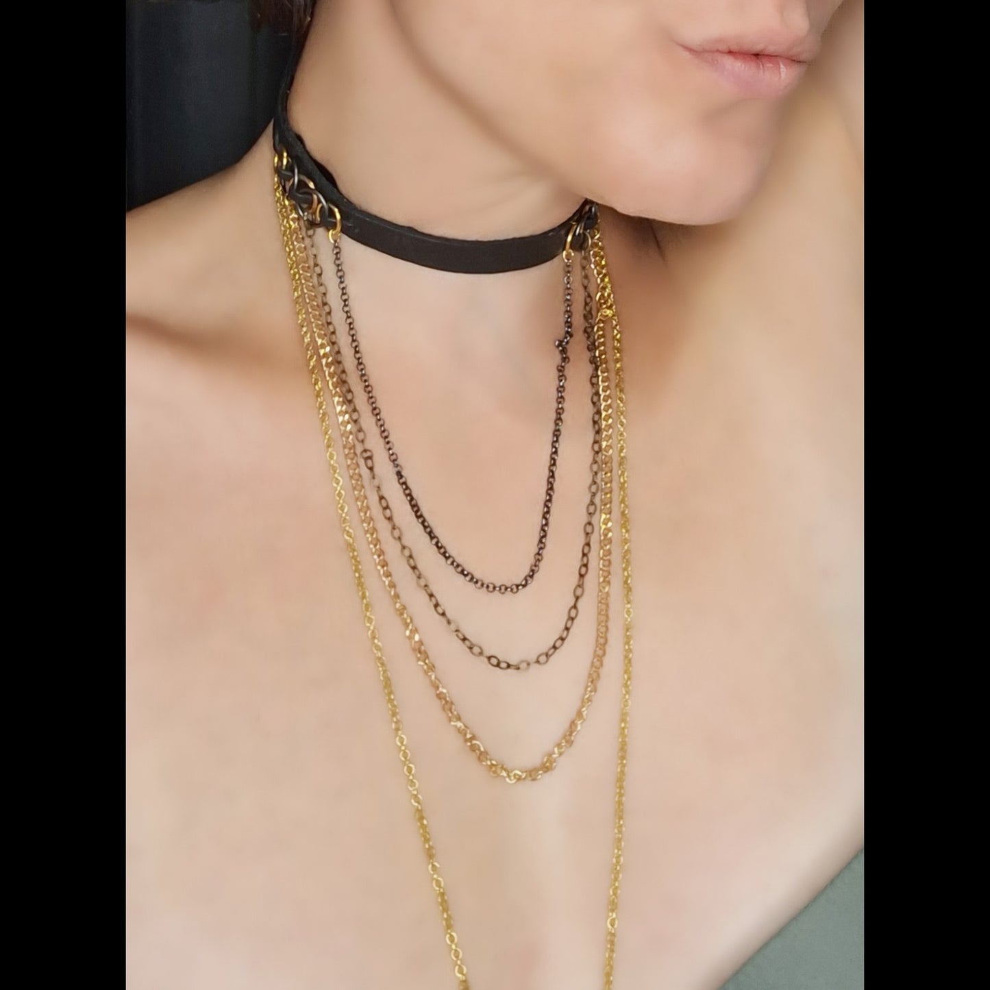 The Kat Silver Draped chain & black leather necklace. Art Deco Elegance.