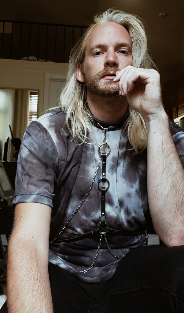 Mischief draped chain harness. * Silver chain and Black Leather body harness. Minimal. Versatile. Handmade. Attach to your choker with swivel snap.