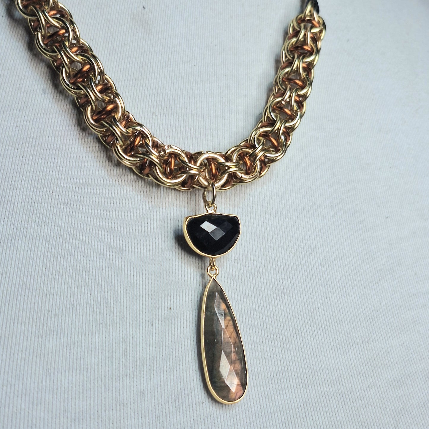 Golden Mermaid. Handmade, gold chainmail, and labradorite gemstone statement piece.