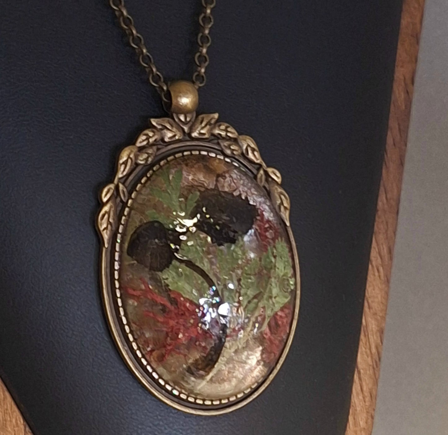 Antique Brass, Ornate Cameo Pendant with Real Venus Fly Trap Specimens and Flowers. Handmade. One-of-a-kind.