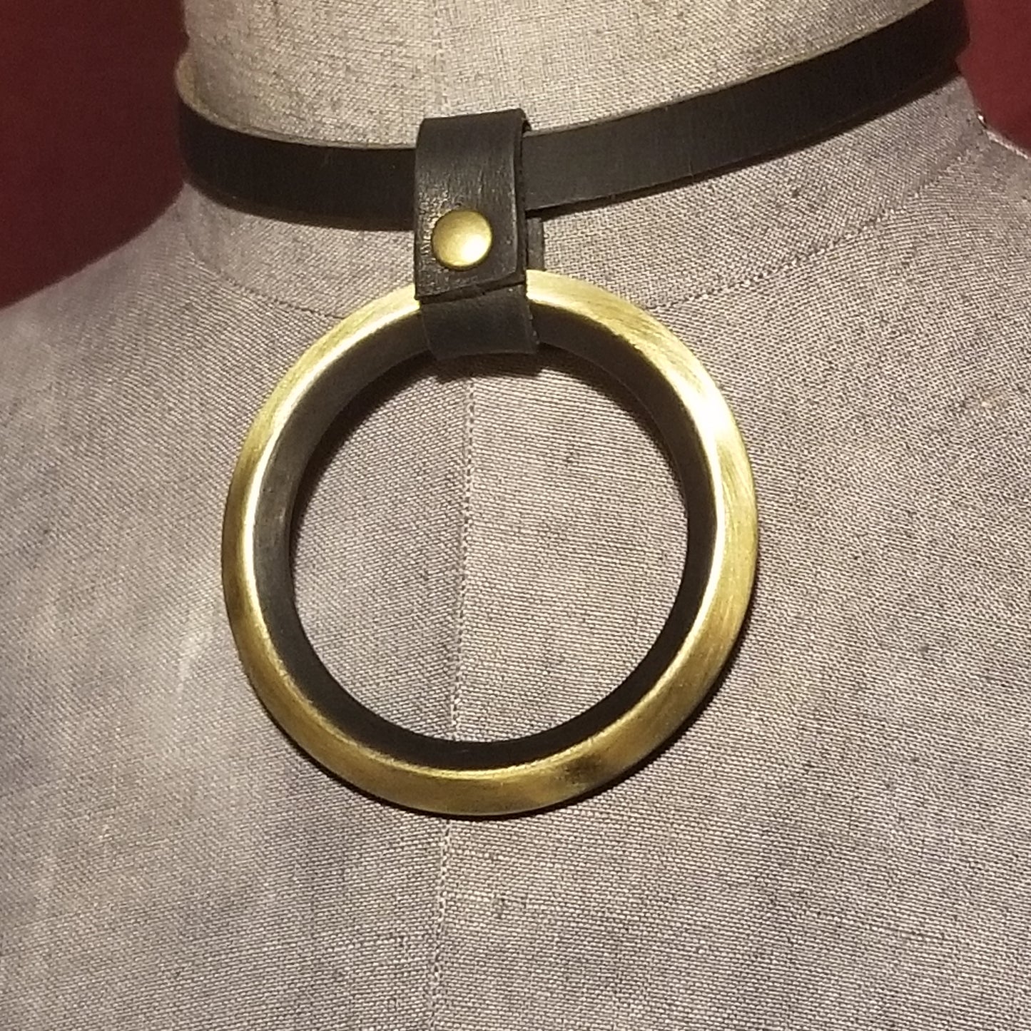 Beverly leather necklace with beveled edge antique brass O-ring. Handmade.