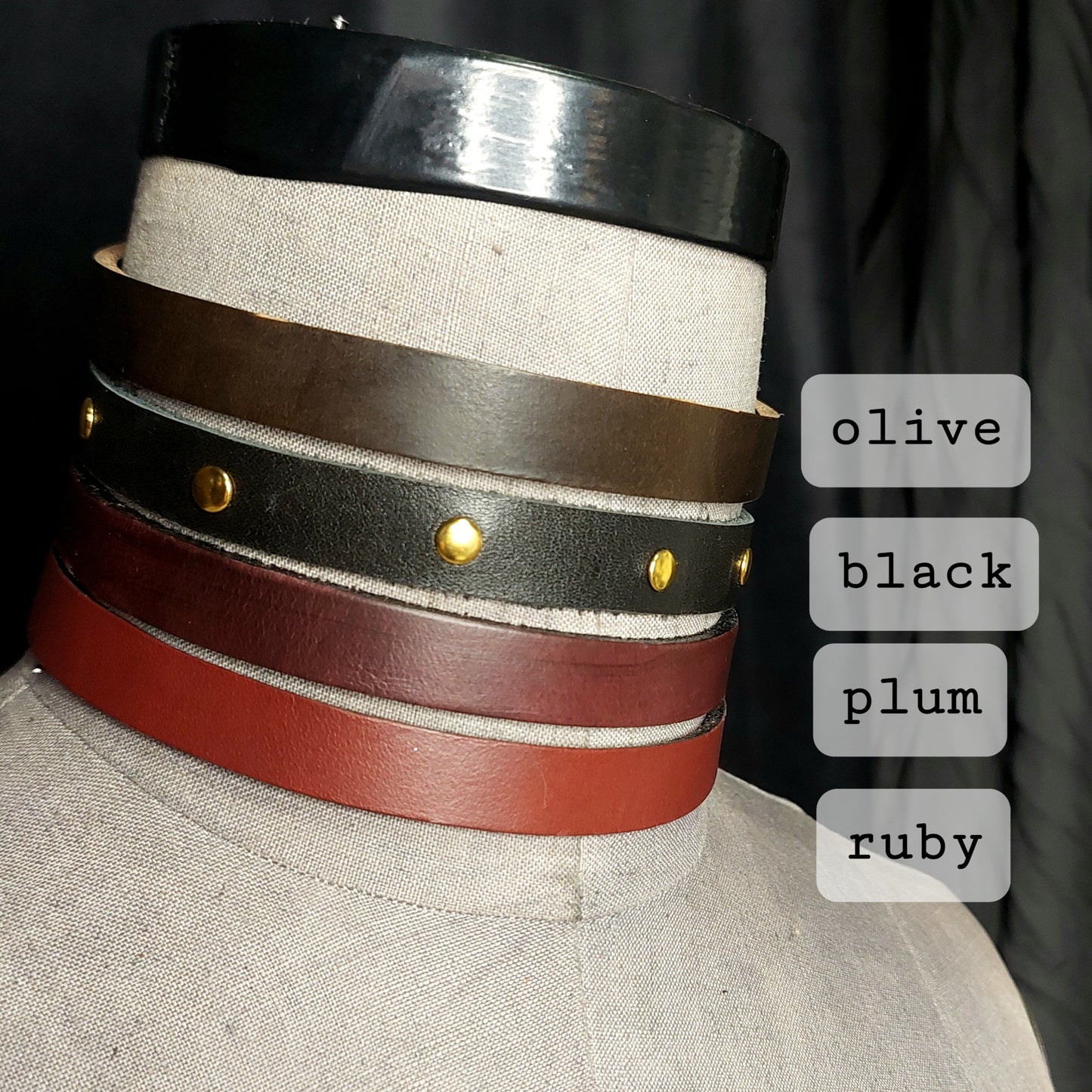 The Claire Leather Collar with a Real Pink Rosebud Jewel Pendant. Black steel Oring and Gold Shackle Pin.