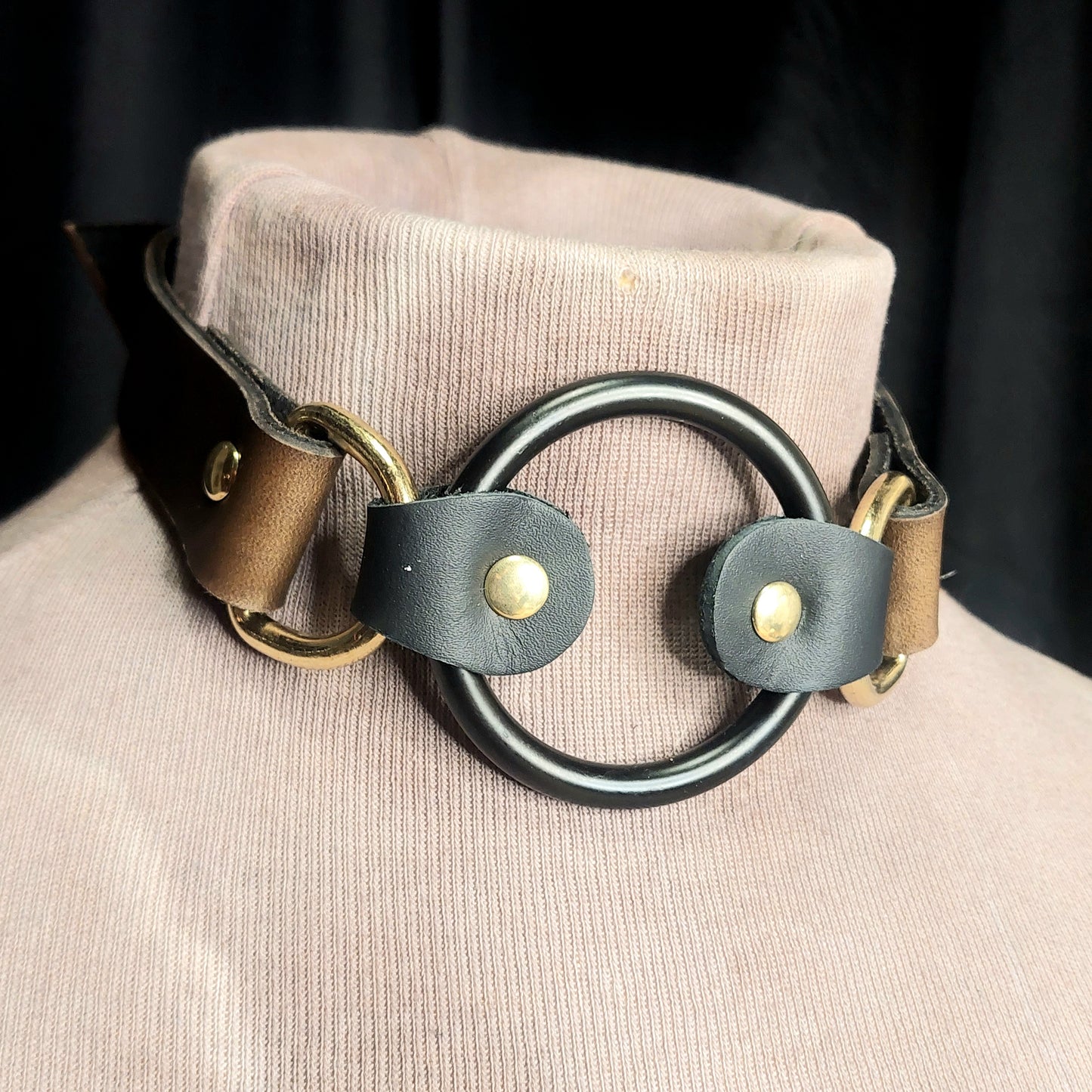 Louie Men's Choker. Olive leather, 2" black steel O-ring, Gold Plated D-rings. Handmade.