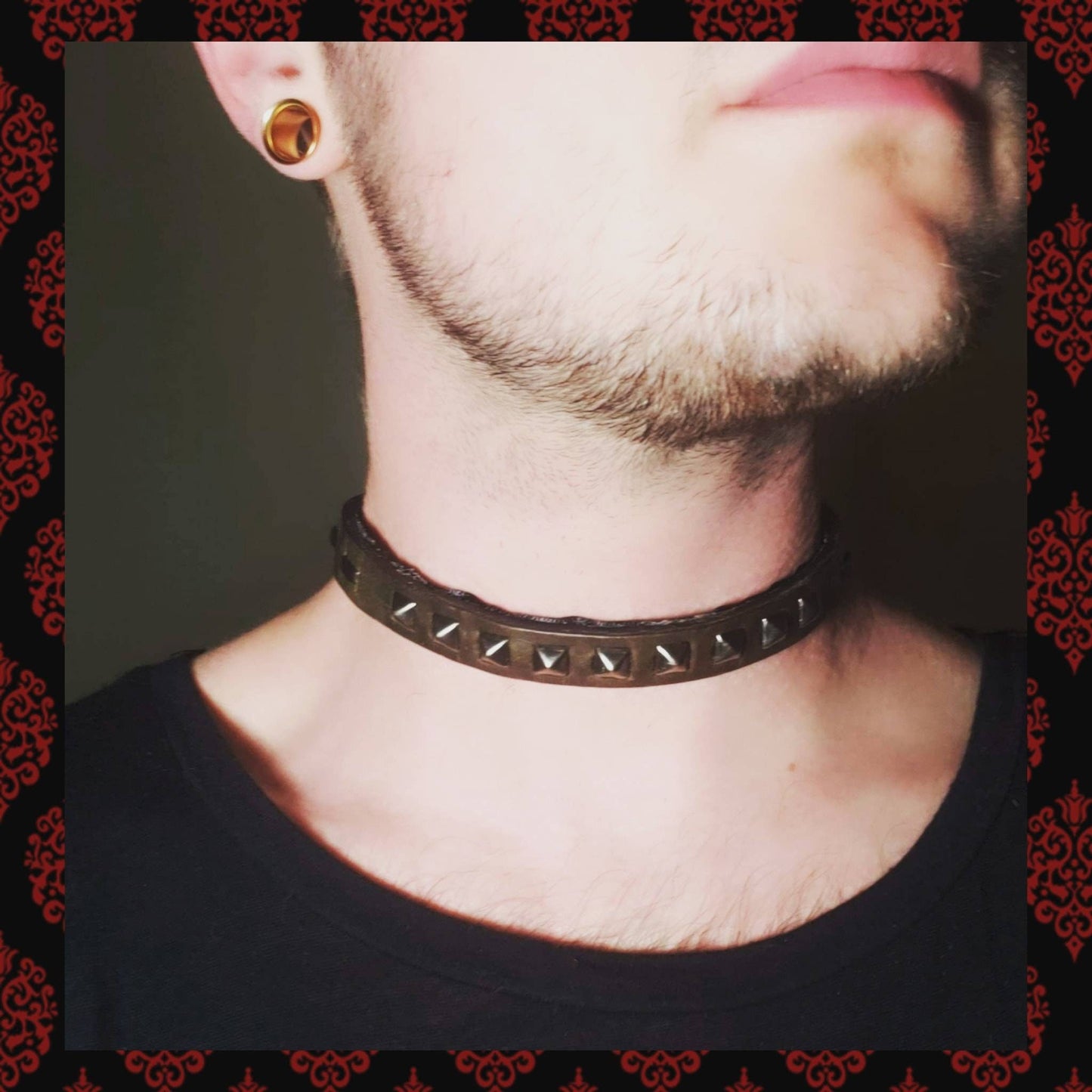 Studded Olive Leather Collar.