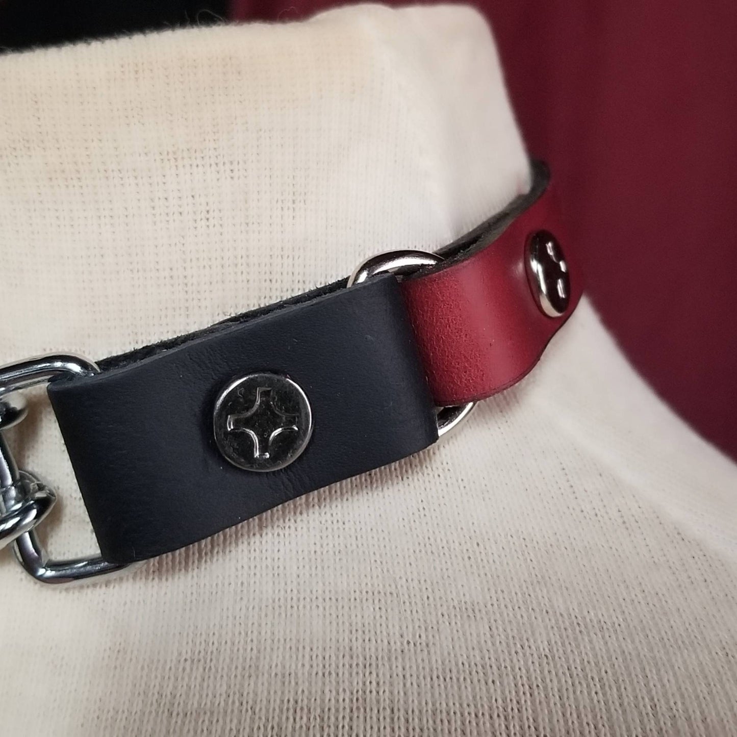 The Edgar, Genuine Red Leather, and Silver Curb Chain Choker. Buckle closure. Men's or women's. Custom made.