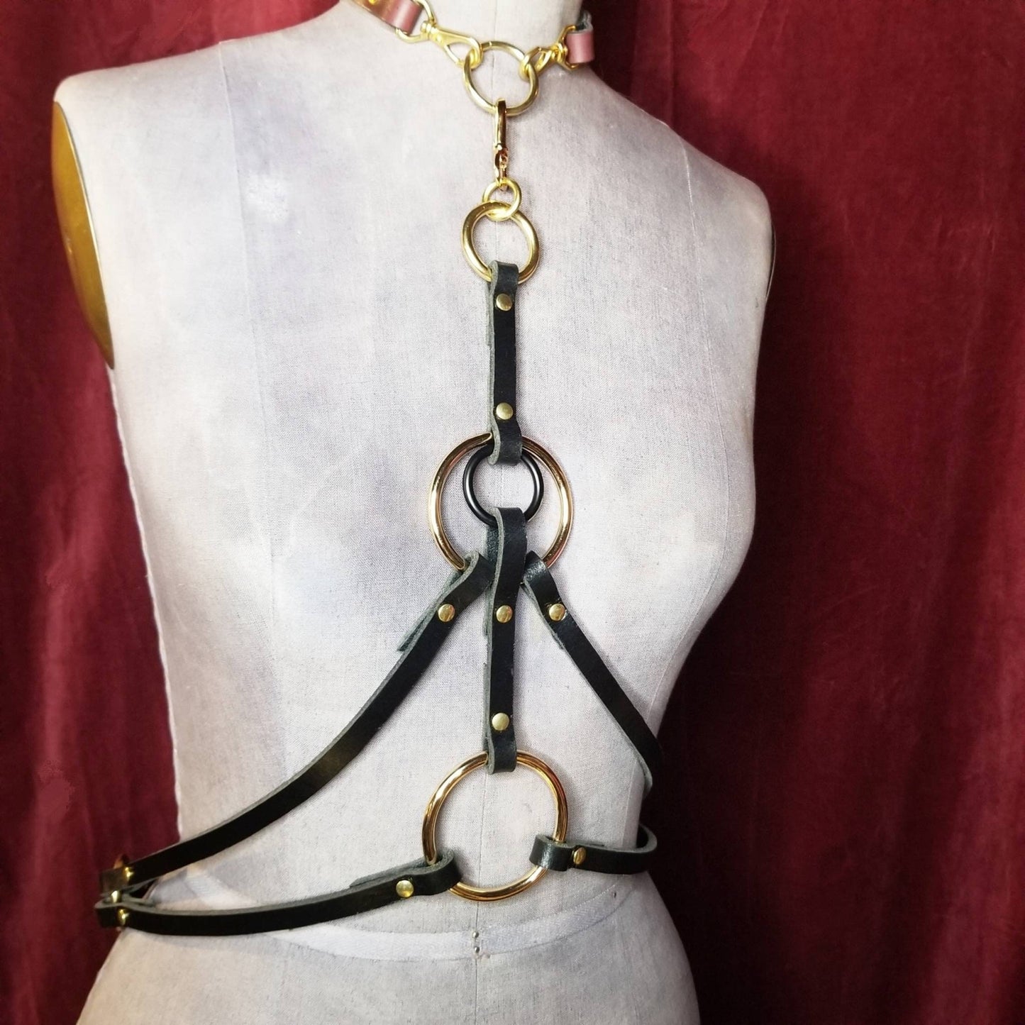 The Spellbound Black Leather & Multifinish Oring Harness. Made to order. Handmade. Quality Materials and Craftsmanship.