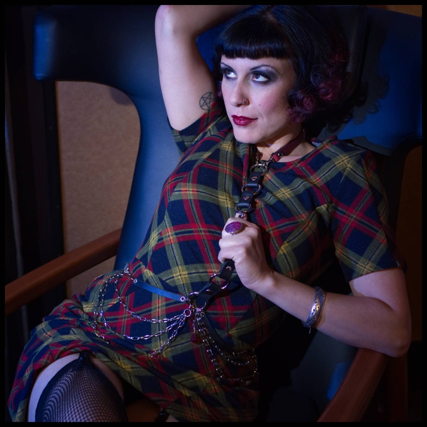 Midnight Ruby, draped Silver Chain and leather body harness. Custom made. Red crystal detail at navel. Brass orings, rivets, and multichains. Connect to an Adorned by Midnight choker with swivel snap.