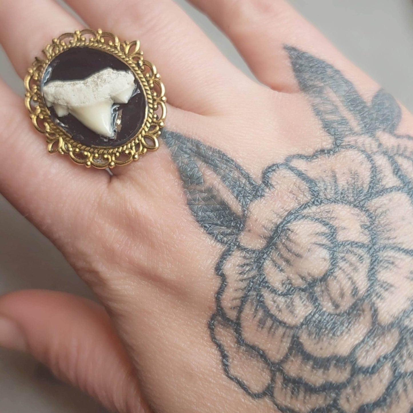 Antique Brass Cameo Tooth Ring. Adjustable.