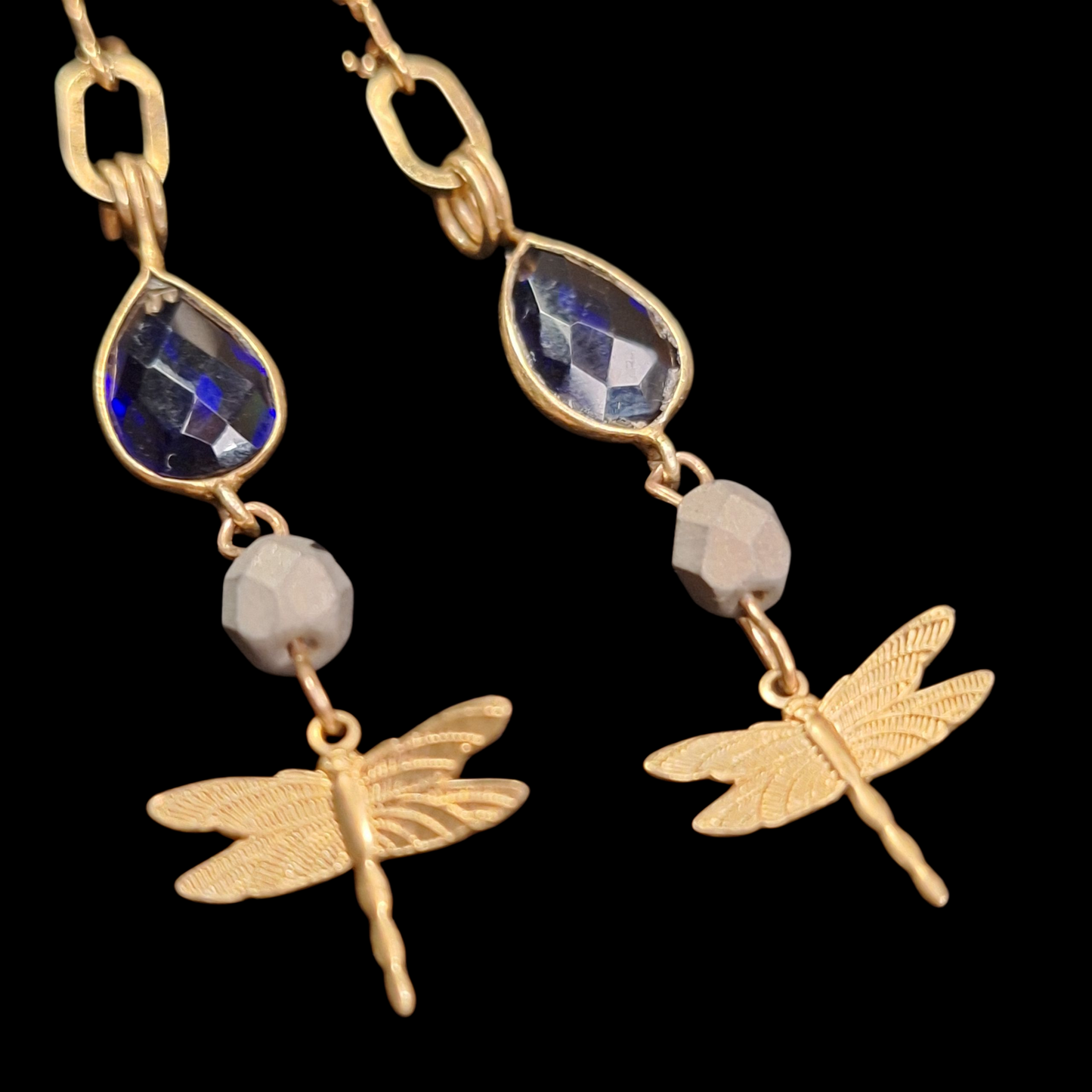 Antique gold dragonfly charm and blue sapphire art deco earrings.