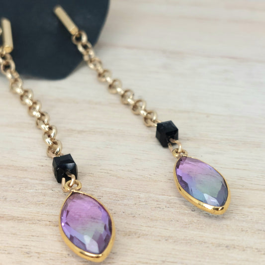 Sky blue and pink glass pendant earrings with gold chain and posts.