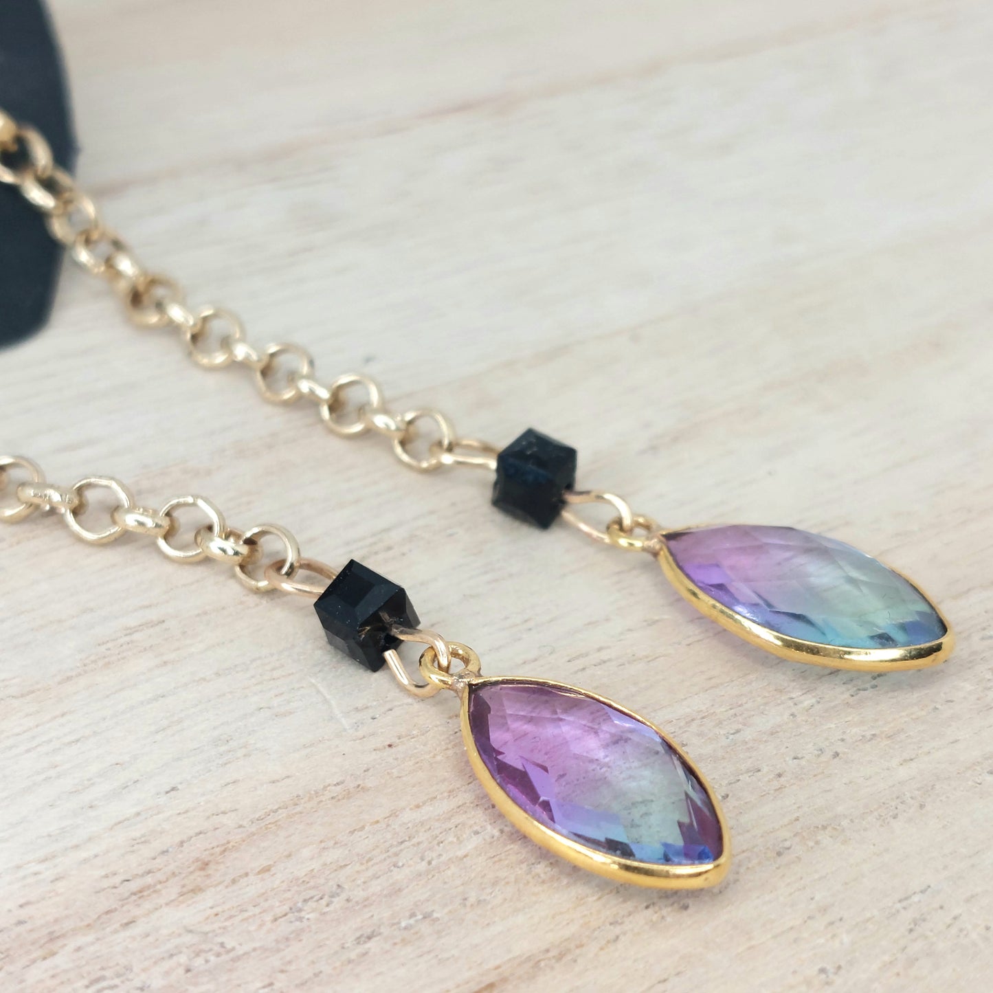 Sky blue and pink glass pendant earrings with gold chain and posts.