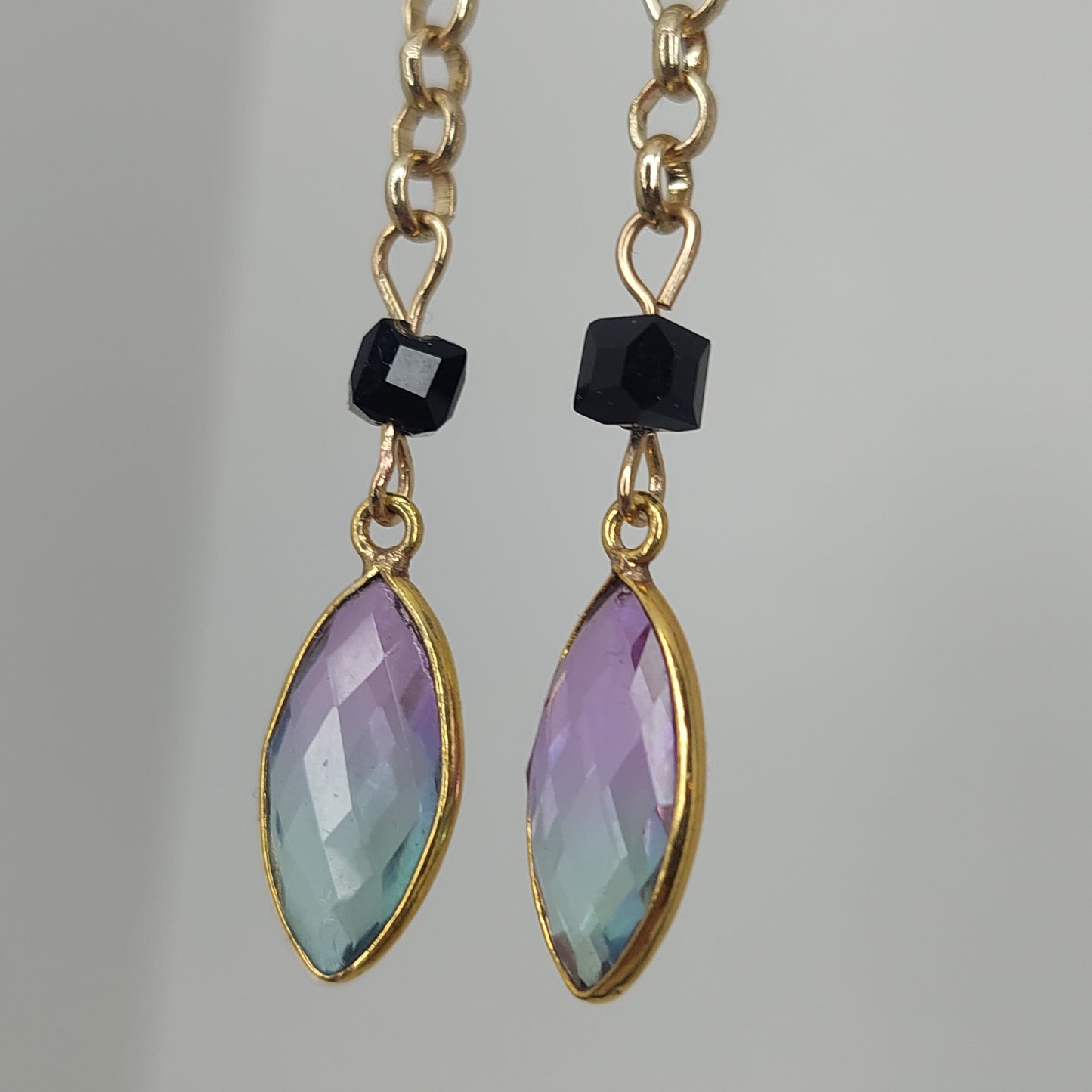 Sky blue and pink glass pendant earrings with gold chain and posts.