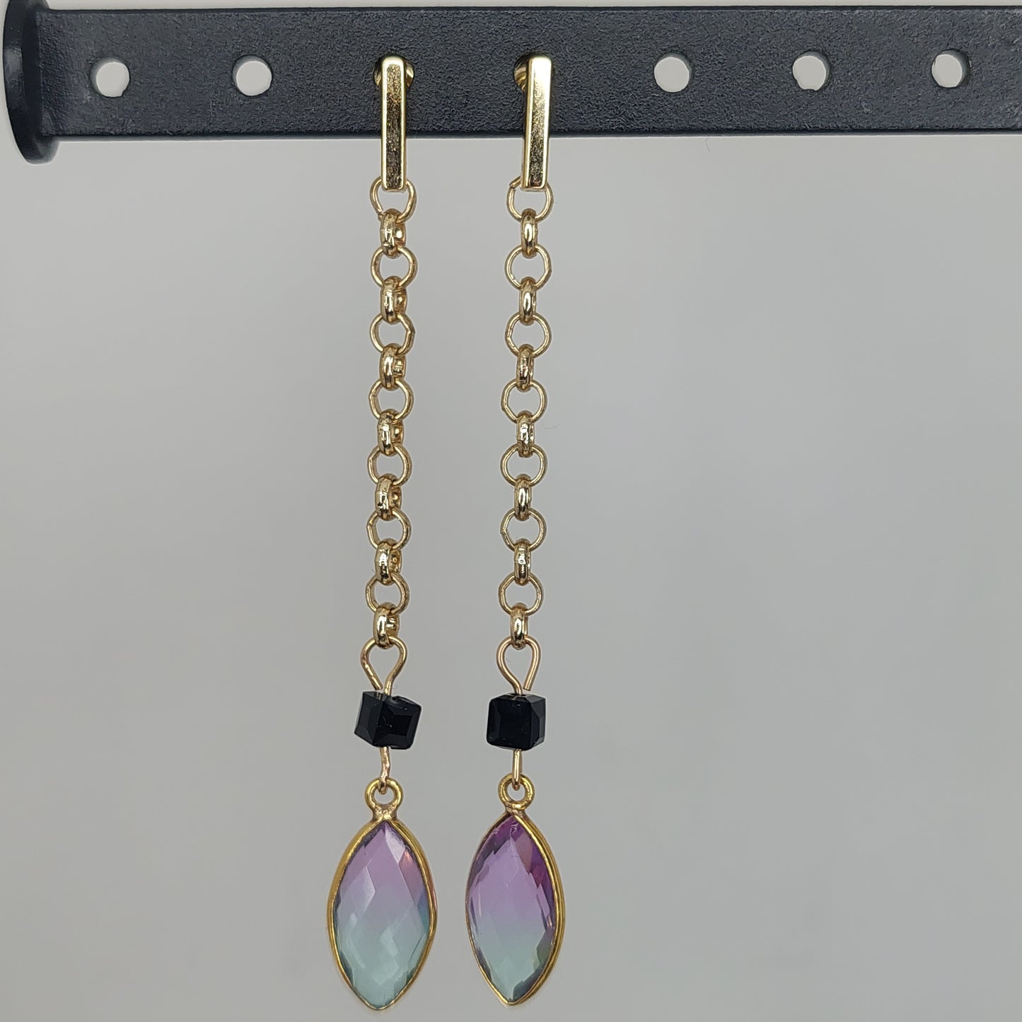 Sky blue and pink glass pendant earrings with gold chain and posts.