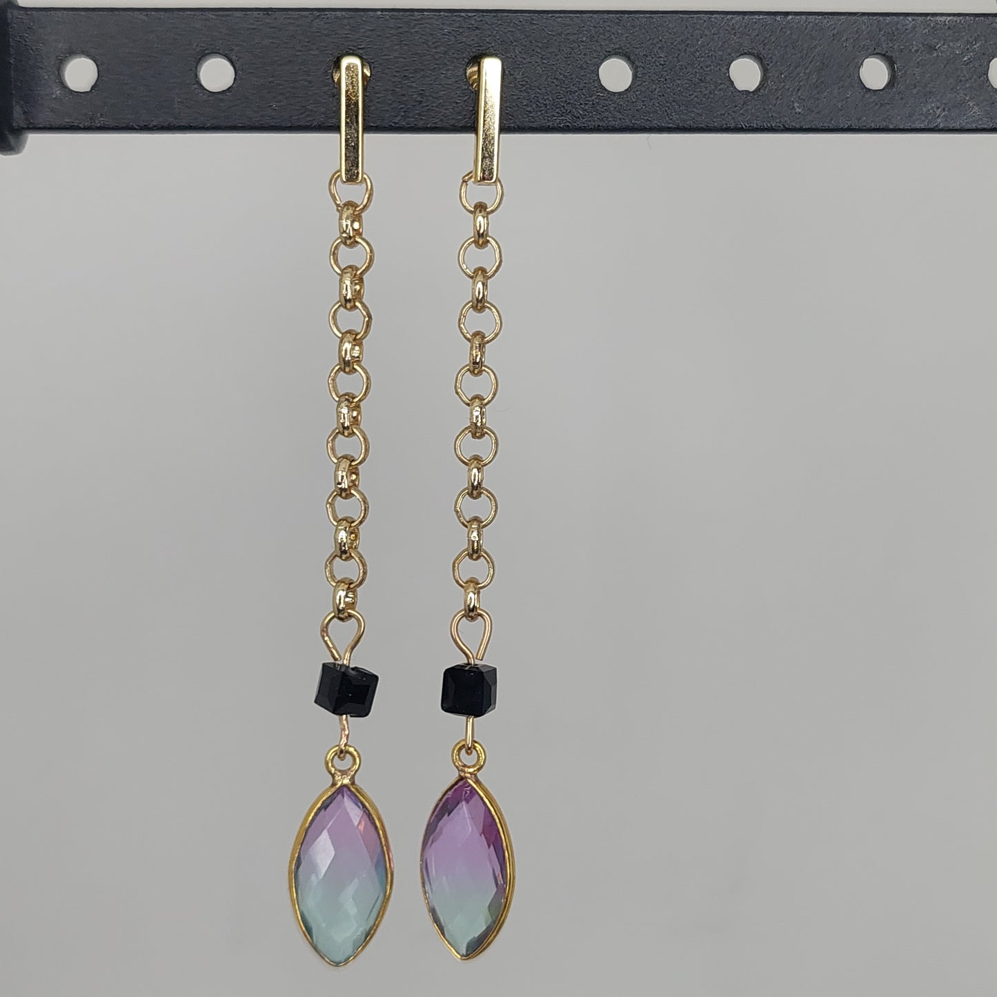 Sky blue and pink glass pendant earrings with gold chain and posts.