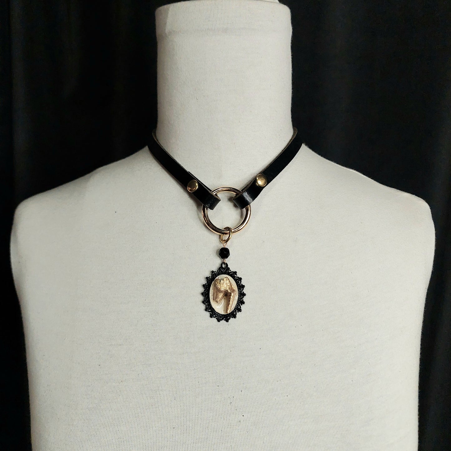 Gold Tooth Cameo Leather Necklace. Gold plated O-Ring.