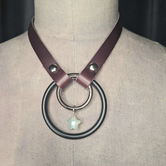 Plum leather collar with Moonstone Star Pendant