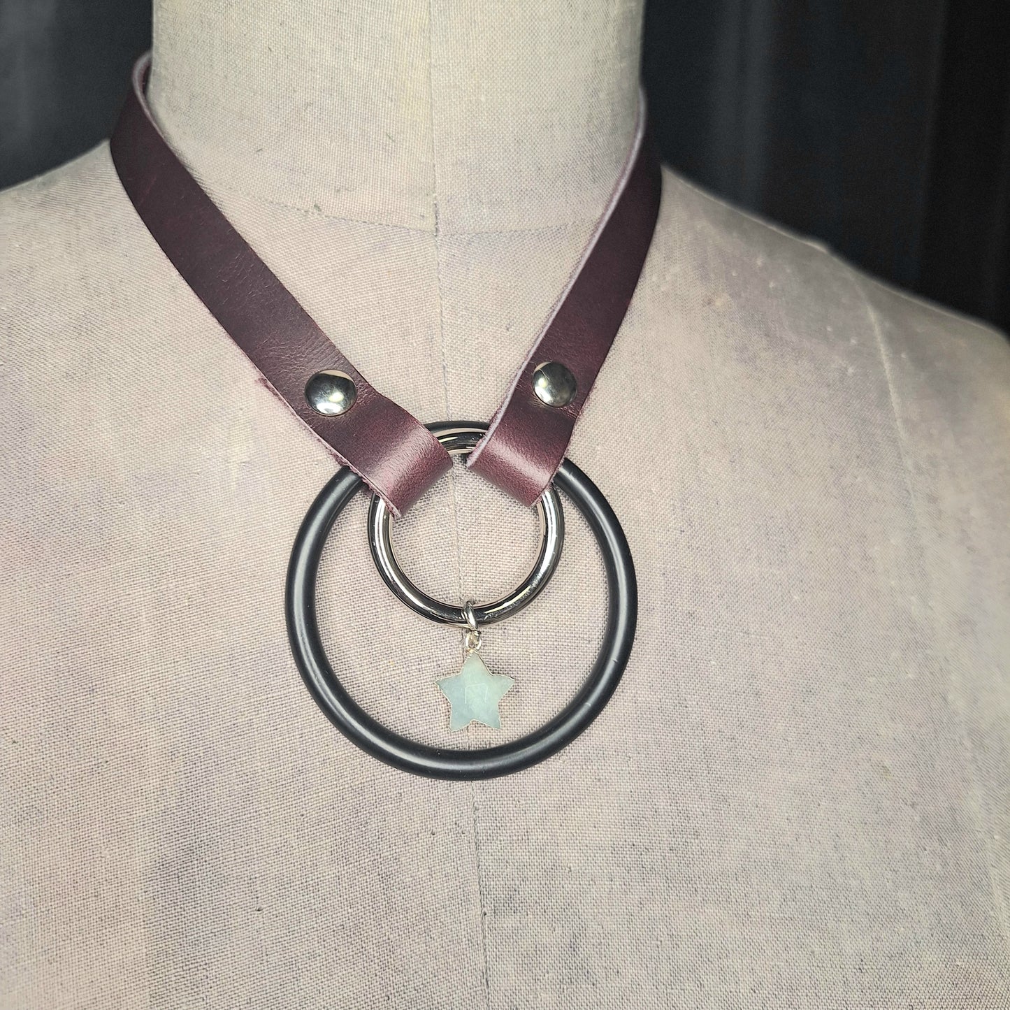 Plum leather collar with Moonstone Star Pendant