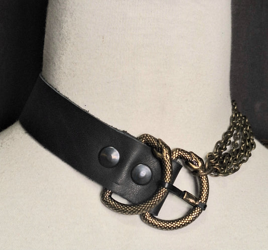 Ouroboros Asymmetrical Leather and Multi Chain Collar.