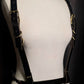 Suspense. Leather Body Harness. Gold hardware. Black leather with plum leather details.