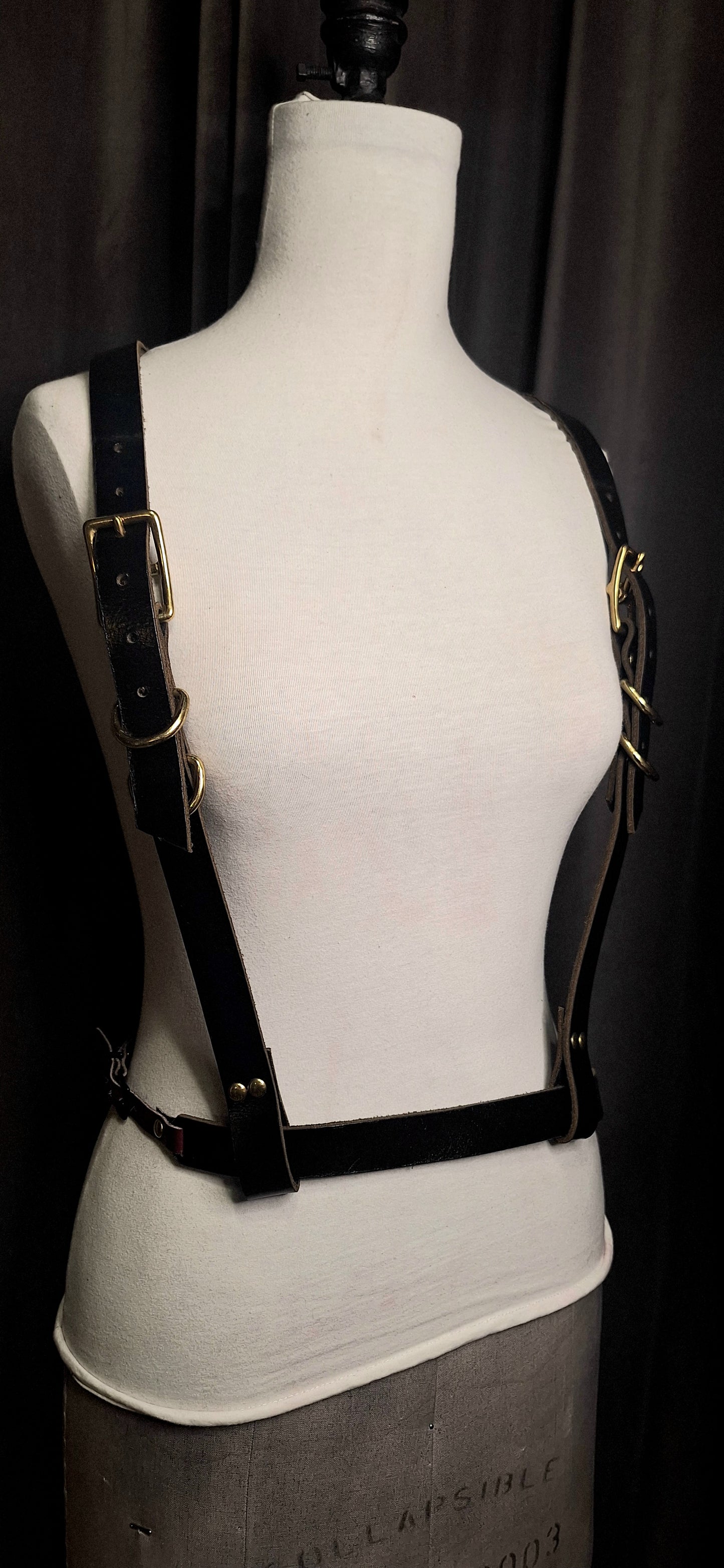 Suspense. Leather Body Harness. Gold hardware. Black leather with plum leather details.