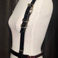 Suspense. Leather Body Harness. Gold hardware. Black leather with plum leather details.