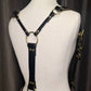 Suspense. Leather Body Harness. Gold hardware. Black leather with plum leather details.