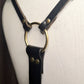 Suspense. Leather Body Harness. Gold hardware. Black leather with plum leather details.