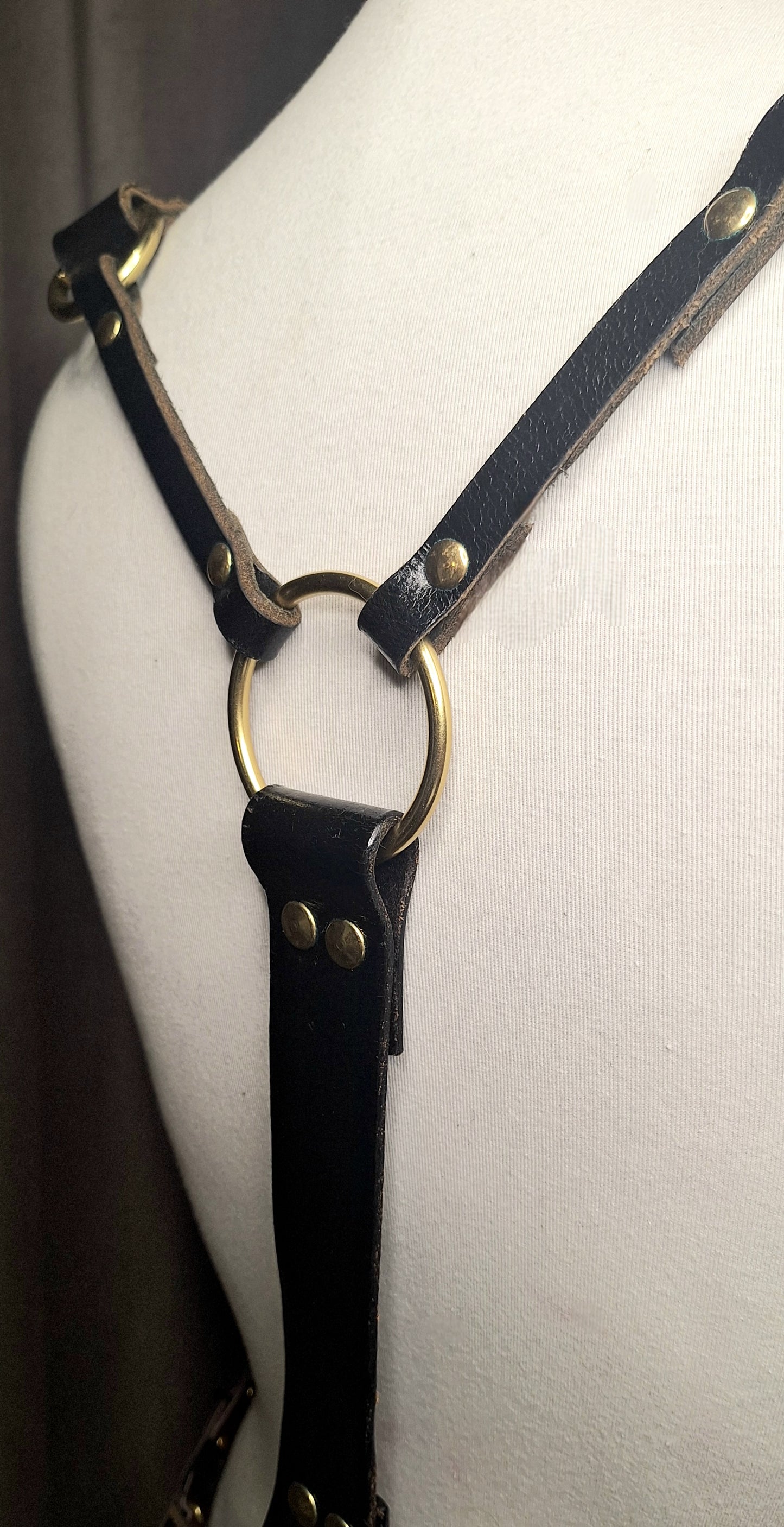 Suspense. Leather Body Harness. Gold hardware. Black leather with plum leather details.