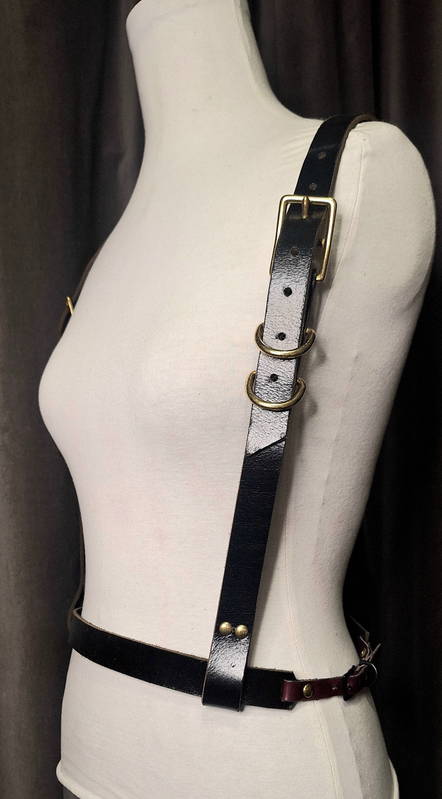 Suspense. Leather Body Harness. Gold hardware. Black leather with plum leather details.