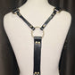 Suspense. Leather Body Harness. Gold hardware. Black leather with plum leather details.