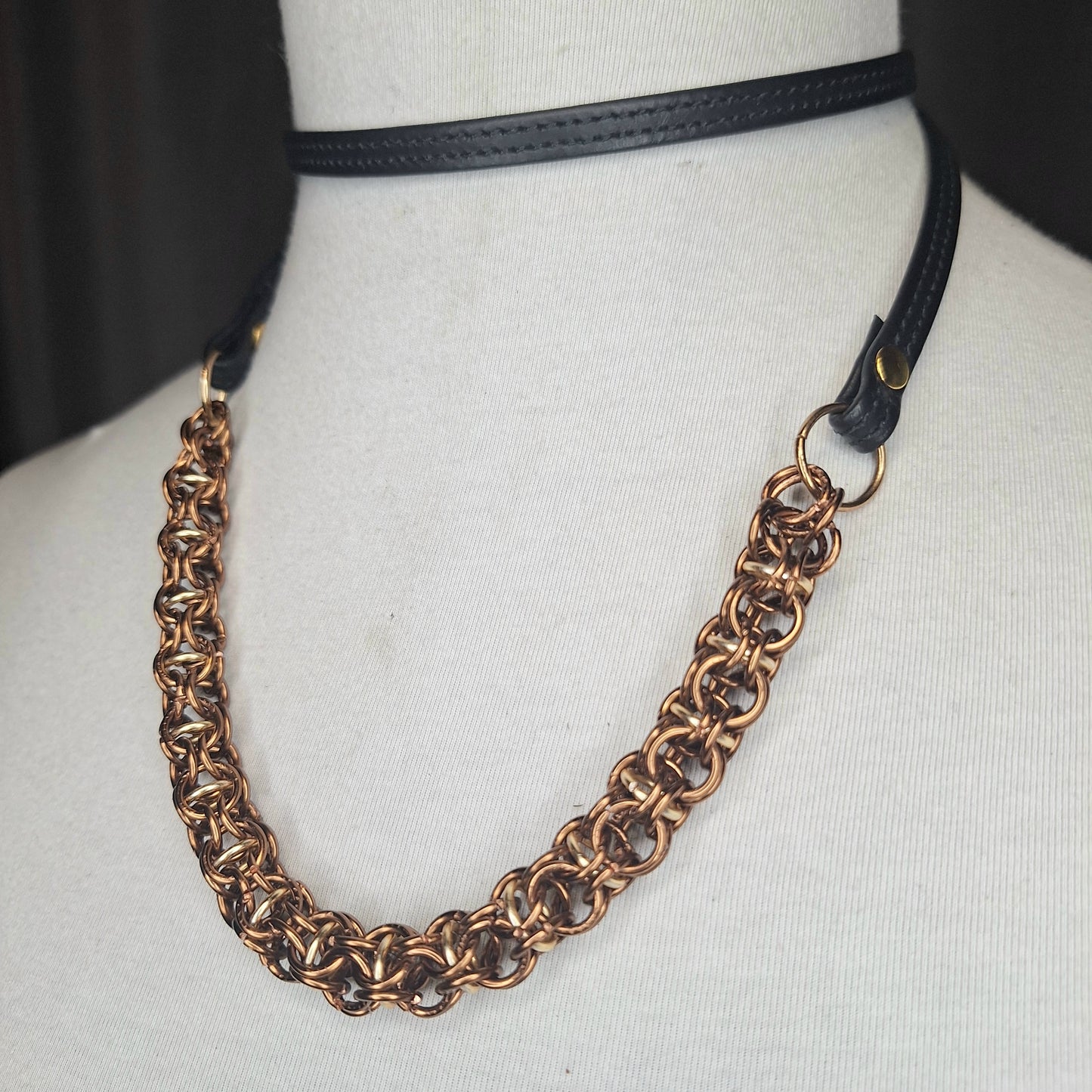 The Copperhead. A handmade chainmail & stitched leather, layered necklace. One of a kind, sophisticated, made with love. Copper wire.