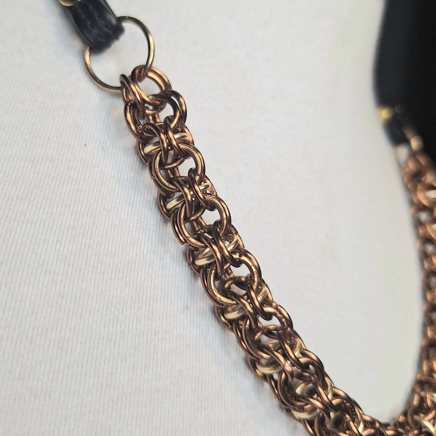 The Copperhead. A handmade chainmail & stitched leather, layered necklace. One of a kind, sophisticated, made with love. Copper wire.