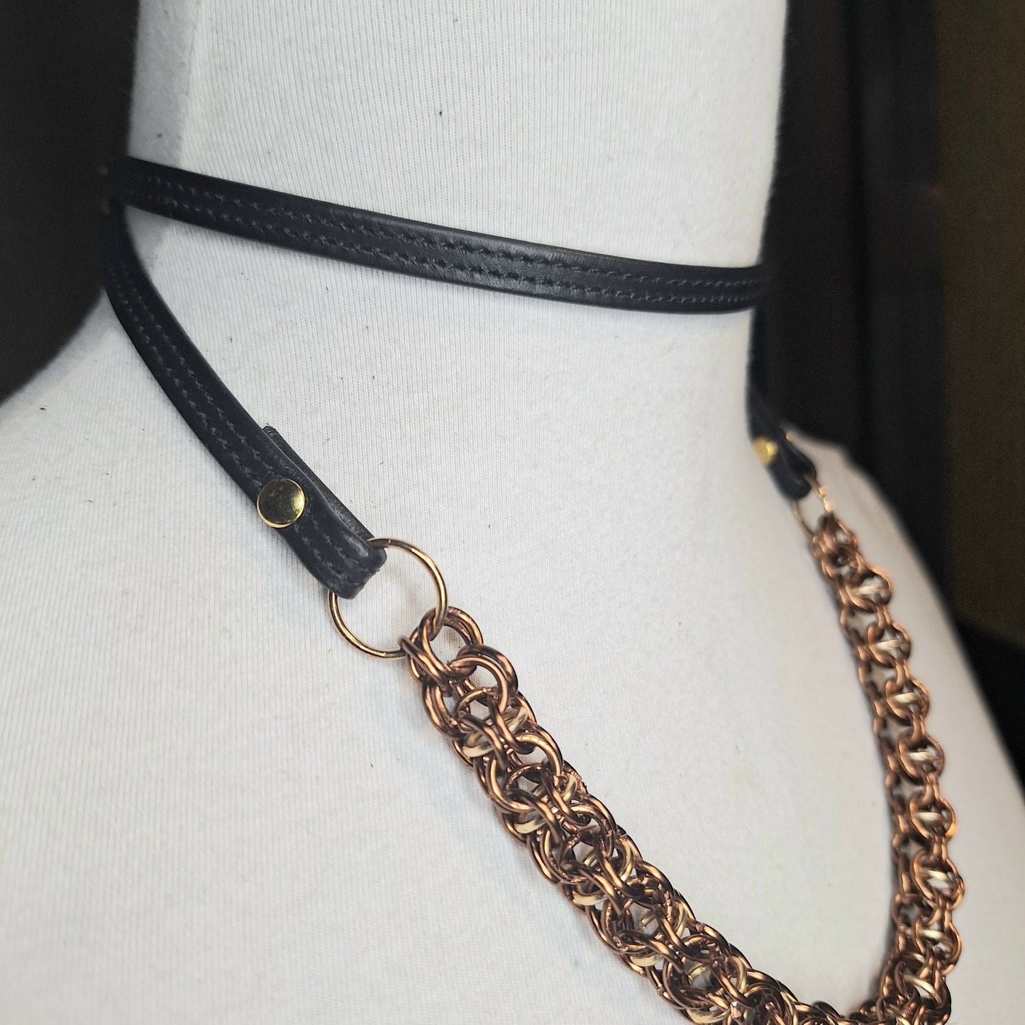 The Copperhead. A handmade chainmail & stitched leather, layered necklace. One of a kind, sophisticated, made with love. Copper wire.